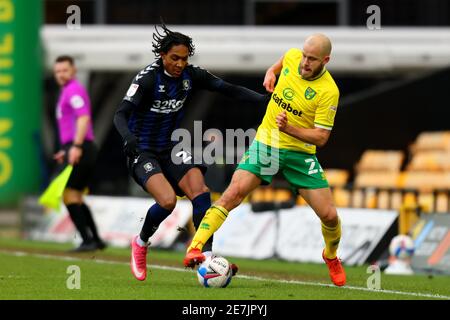 Norwich, Norfolk, Royaume-Uni. 30 janvier 2021. 30 janvier 2021 ; Carrow Road, Norwich, Norfolk, Angleterre, championnat de football de la Ligue anglaise de football, Norwich versus Middlesbrough ; Teemu Pukki de Norwich City prend sur Djed Spence de Middlesbrough crédit: Action plus Sports Images/Alamy Live News Banque D'Images