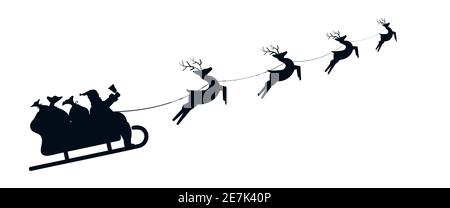 Santa Sleigh Silhouette illustration du Père Noël dans son traîneau volant à travers le ciel étant tiré par son renne. Illustration de Vecteur