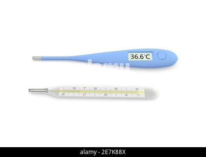 Les thermomètres numériques et à mercure indiquent une température de 36.6 °C. Arrière-plan blanc isolé. Illustration 3D Banque D'Images