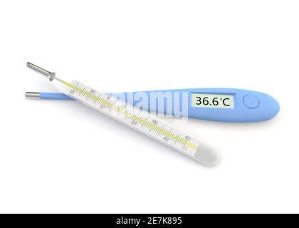 Les thermomètres numériques et à mercure indiquent une température de 36.6 °C. Arrière-plan blanc isolé. Illustration 3D Banque D'Images