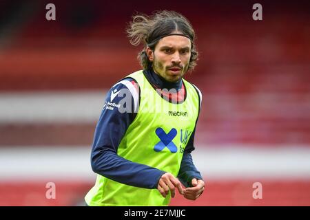 Nottingham, Royaume-Uni. 30 janvier 2021. NOTTINGHAM, ANGLETERRE. 30 JANV. Filip Krovinovi? (27) de Nottingham Forest se réchauffe avant de faire ses débuts lors du match de championnat Sky Bet entre Nottingham Forest et Barnsley au City Ground, Nottingham, le samedi 30 janvier 2021. (Credit: Jon Hobley | MI News) Credit: MI News & Sport /Alay Live News Banque D'Images