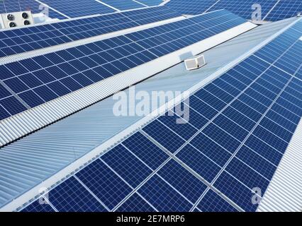Panneaux solaires sur le toit d'une entreprise. Les panneaux solaires sont un moyen bon marché et durable d'obtenir de l'énergie de la lumière du soleil. Photo prise avec un drone Banque D'Images