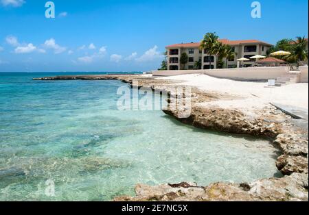 La côte rocheuse érodée de Seven Mile Beach sur l'île de Grand Cayman (îles Caïman). Banque D'Images