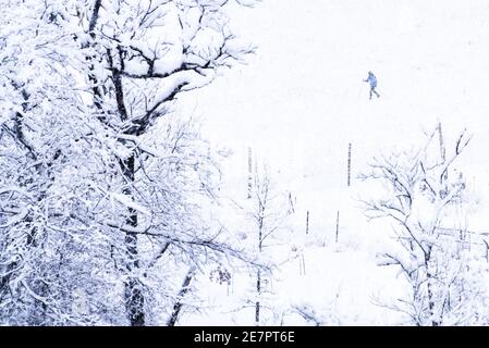 Ski de fond en forte chute de neige, Montpelier, Vermont, Nouvelle-Angleterre, États-Unis. Banque D'Images