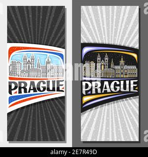 Mises en page verticales vectorielles pour Prague, flyers décoratifs avec illustration du paysage historique de la ville de prague sur fond de ciel de jour et de crépuscule, art design tou Illustration de Vecteur