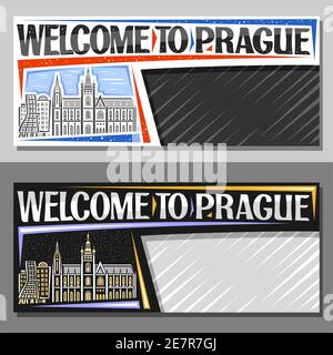 Mises en page vectorielles pour Prague avec espace de copie, bon décoratif avec illustration du paysage urbain de prague sur fond de ciel de jour et de crépuscule, design artistique Illustration de Vecteur