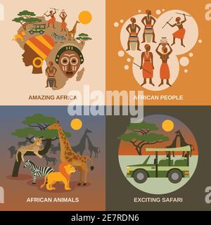 Icônes de concept d'Afrique avec animaux et safari de peuple africain symboles illustration vectorielle isolée plate Illustration de Vecteur