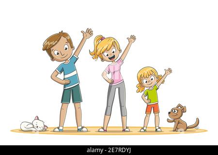 Jeune famille faisant du sport dans la salle de séjour. Illustration vectorielle dessinée à la main avec des calques séparés. Illustration de Vecteur