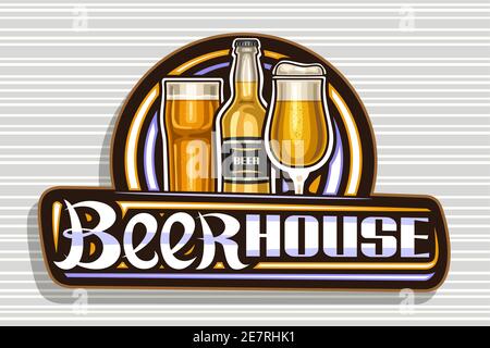 Logo Vector pour Beer House, panneau d'affichage décoratif sombre avec illustration d'un verre à bière plein avec mousse et boule de couleur dorée, inscription unique au pinceau pour Illustration de Vecteur