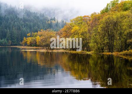 Des reflets automnaux colorés sur le Loch Chon dans les Trossachs, en Écosse, au Royaume-Uni Banque D'Images