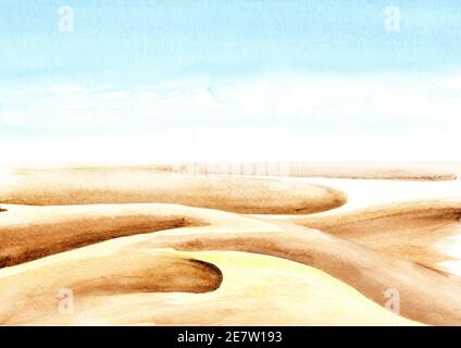 Désert avec dunes, illustration d'aquarelle dessinée à la main et arrière-plan Banque D'Images