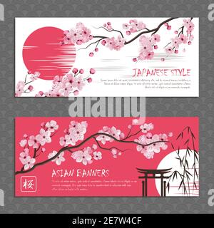 Bannières horizontales de rose belle branche sakura avec des fleurs et illustration vectorielle de style japonais sun Illustration de Vecteur