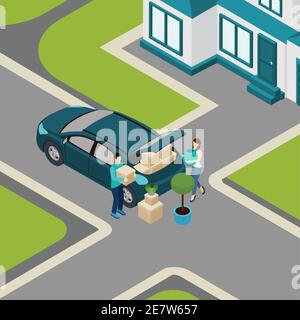 Famille passant de la maison à l'appartement et chargeant des boîtes emballées dans illustration vectorielle abstraite de la bannière isométrique du coffre de voiture Illustration de Vecteur