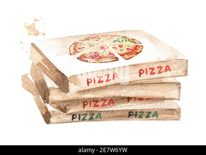 Boîtes de pizza. Illustration aquarelle dessinée à la main isolée sur fond blanc Banque D'Images