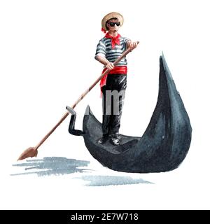 Gondolier vénitien en vêtements traditionnels, dans une gondole avec une paddle, Italie, Venise. Illustration aquarelle dessinée à la main isolée sur fond blanc Banque D'Images