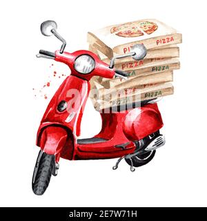 cyclomoteur ou scooter rouge avec boîtes à pizza. Concept de livraison de nourriture. Illustration aquarelle dessinée à la main isolée sur fond blanc Banque D'Images