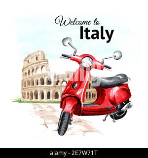 Carte de bienvenue en Italie. Cyclomoteur ou scooter rouge sur le fond du Colisée de Rome. Illustration aquarelle dessinée à la main isolée sur fond blanc Banque D'Images