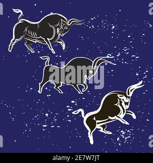 Trois taureaux noirs et blancs sur fond ciel sombre. Silhouettes noires et contours blancs. Bison isolé. Le mal bestie dans les poses de fierté. Animaux Taurus Illustration de Vecteur