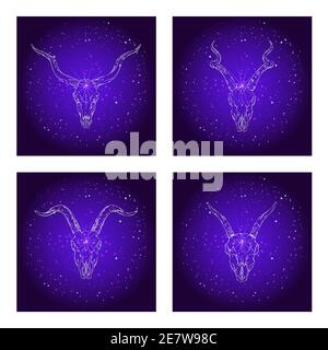 Ensemble de quatre illustrations vectorielles avec des antilopes de crânes dessinées à la main et des chèvres sur fond violet abstrait. Pour votre design, impression, tatouage ou craf magique Illustration de Vecteur