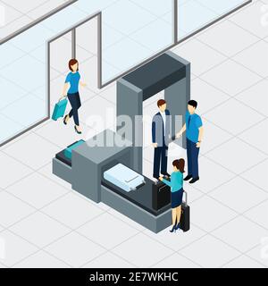 Vérification de la sécurité AirPort avec des personnes isométriques dans l'illustration du vecteur de file d'attente Illustration de Vecteur