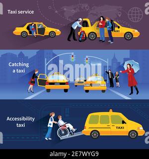 Bannières avec des scènes de service de taxi prenant le taxi et l'accessibilité illustration du vecteur plat taxi Illustration de Vecteur