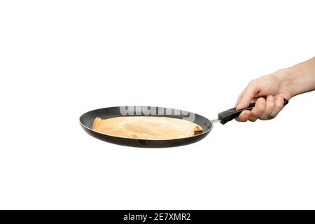 personne tient la poêle avec une crêpe. isolé sur fond blanc Banque D'Images