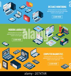 Banderoles horizontales de télémédecine avec éléments isométriques de laboratoire d'ordinateur isolés illustration vectorielle Illustration de Vecteur