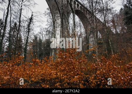 Vue sur le paysage du Viaduc de Grandfey (pont Grandfey), à Fribourg, Suisse Banque D'Images