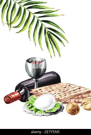 Repas traditionnel de la Pâque, carte de Pesach, concept de fête religieuse juive. Illustration aquarelle dessinée à la main, isolée sur fond blanc Banque D'Images