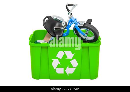 Recyclage de trashcan avec le tricycle des enfants, rendu 3D isolé sur fond blanc Banque D'Images