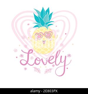 Illustration de l'ananas à vecteur mignon. Dessin animé drôle de nourriture graphique. Citation typographique Illustration de Vecteur