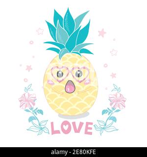 Illustration de l'ananas à vecteur mignon. Dessin animé drôle de nourriture graphique. Citation typographique Illustration de Vecteur