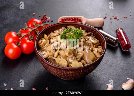 Champignons frais délicieux épicés en conserve avec épices et herbes plats en céramique sur fond de béton foncé Banque D'Images