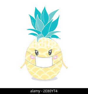 Ananas portant un masque de santé, exotique, fond, nourriture, fruit, illustration nature ananas été vecteur tropical dessin frais Illustration de Vecteur