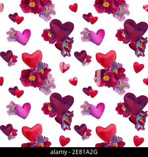 Papiers de Saint-Valentin dans les tons de rose, rouge, violet et bleu. Coeurs aquarelles avec motif sans couture. Fonds du 14 février. Design pour mariage Banque D'Images