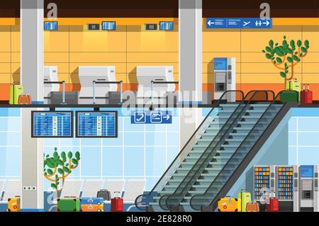 Composition plate du terminal de l'aéroport avec horaire des bagages touristiques du salon de départ tableau de bord escalier roulant éléments décoratifs illustration vectorielle Illustration de Vecteur