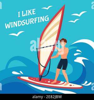 Planche à voile fond plat. Illustration du vecteur de planche à voile. Design poster planche à voile. Illustration décorative de sports nautiques. Illustration de Vecteur