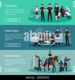 Jeu de bannières horizontales plates de police pour unités spéciales montées police de la ville police et équipe de police avec vecteur de véhicules officiels illustration Illustration de Vecteur