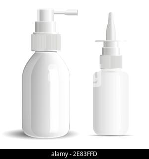 Flacon vaporisateur nasal, nez ou gorge médicament en aérosol blanc. Conteneur vectoriel isolé avec compte-gouttes pour produit pharmaceutique à buse. Dose orale réaliste Illustration de Vecteur