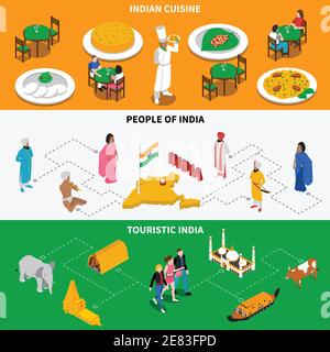 Inde pour les touristes 3 bannières tricolores isométriques avec cuisine nationale plats et attractions abstrait illustration vectorielle isolée Illustration de Vecteur