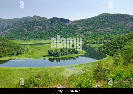 Un virage de la rivière Crnojevica depuis Rijecani; il s'agit d'un affluent du lac Skadar, au Monténégro Banque D'Images