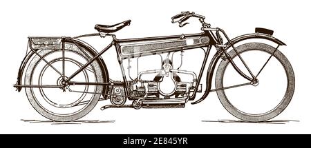 Moto classique à deux moteurs plats avec vue latérale, après une illustration du début du XXe siècle Illustration de Vecteur