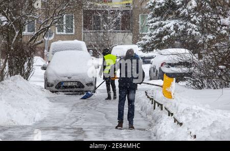 Riga, Lettonie. 30 janvier 2021. Les gens déneigement à Riga, en Lettonie, le 30 janvier 2021. Un cyclone avec un centre à la frontière entre l'Estonie et la Russie a provoqué une longue période de fortes chutes de neige en Lettonie ce week-end, ont déclaré des météorologues samedi. Le Centre letton de l'environnement, de la géologie et de la météorologie a émis un avertissement orange sur les chutes de neige et les blizzards, qui devaient augmenter la couverture de neige déjà épaisse dans les parties nord du pays et la capitale Riga de 20 centimètres d'ici dimanche matin. Crédit: Edijs Palens/Xinhua/Alamy Live News Banque D'Images