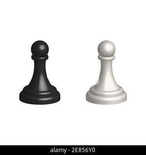 Icône Realistic 3D de pièce d'échecs. Éléments de jeu de société intelligents. Illustration vectorielle des silhouettes noir et blanc des pions d'échecs isolés sur du blanc. Illustration de Vecteur