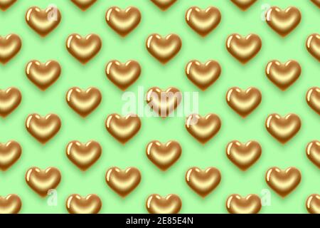 Motif sans couture avec coeurs dorés et verts. Pour la Saint-Valentin, la Fête des femmes, l'anniversaire. Illustration 3D réaliste. Sur fond vert. Vecteur. Illustration de Vecteur