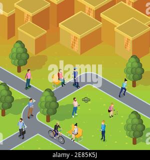 Composition de la société urbaine représentant les personnes marchant et travaillant dans la ville près des blocs d'illustrations vectorielles isométriques plates Illustration de Vecteur