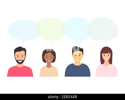 Communication de différentes personnes. Jeunes hommes et femmes avec des bulles de la parole. Concept de discussion. Illustration vectorielle de discussion humaine. Illustration de Vecteur