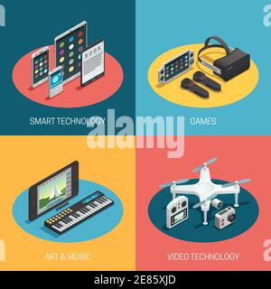Concept isométrique couleur 2x2 représentant différents gadgets jeux de technologie intelligente illustration de vecteur vidéo de musique artistique Illustration de Vecteur