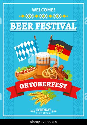 Festival de la bière de l'oktoberfest annuel allemand invitation affiche plate avec drapeaux illustration vectorielle abstraite de bière et d'en-cas Illustration de Vecteur