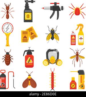 Icônes plates de lutte antiparasitaire avec une mouche moustique de tique illustration d'un répulsif à cafards et d'un vecteur isolé à l'insecticide Illustration de Vecteur